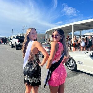 Pink back with tassels homecoming dress